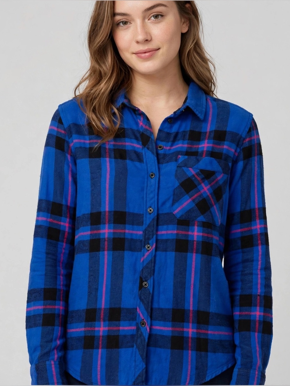 BDG Blue Plaid Button-Down Shirt with Pink Stripes